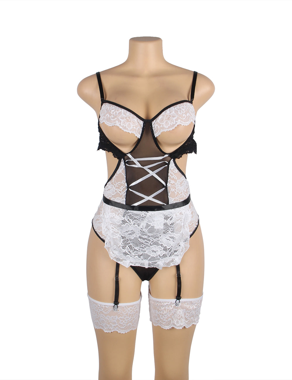 White Lace Sexy Garter Belt Maid Costume with Leg Ring