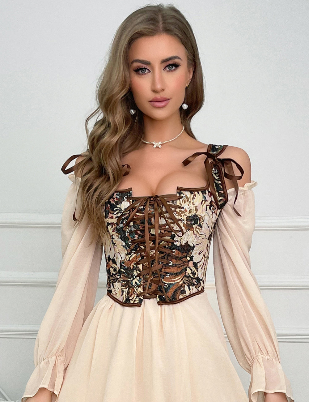 13 Pieces Plastic Bones Vintage oil Painting Print Style  Lace Up  Corset