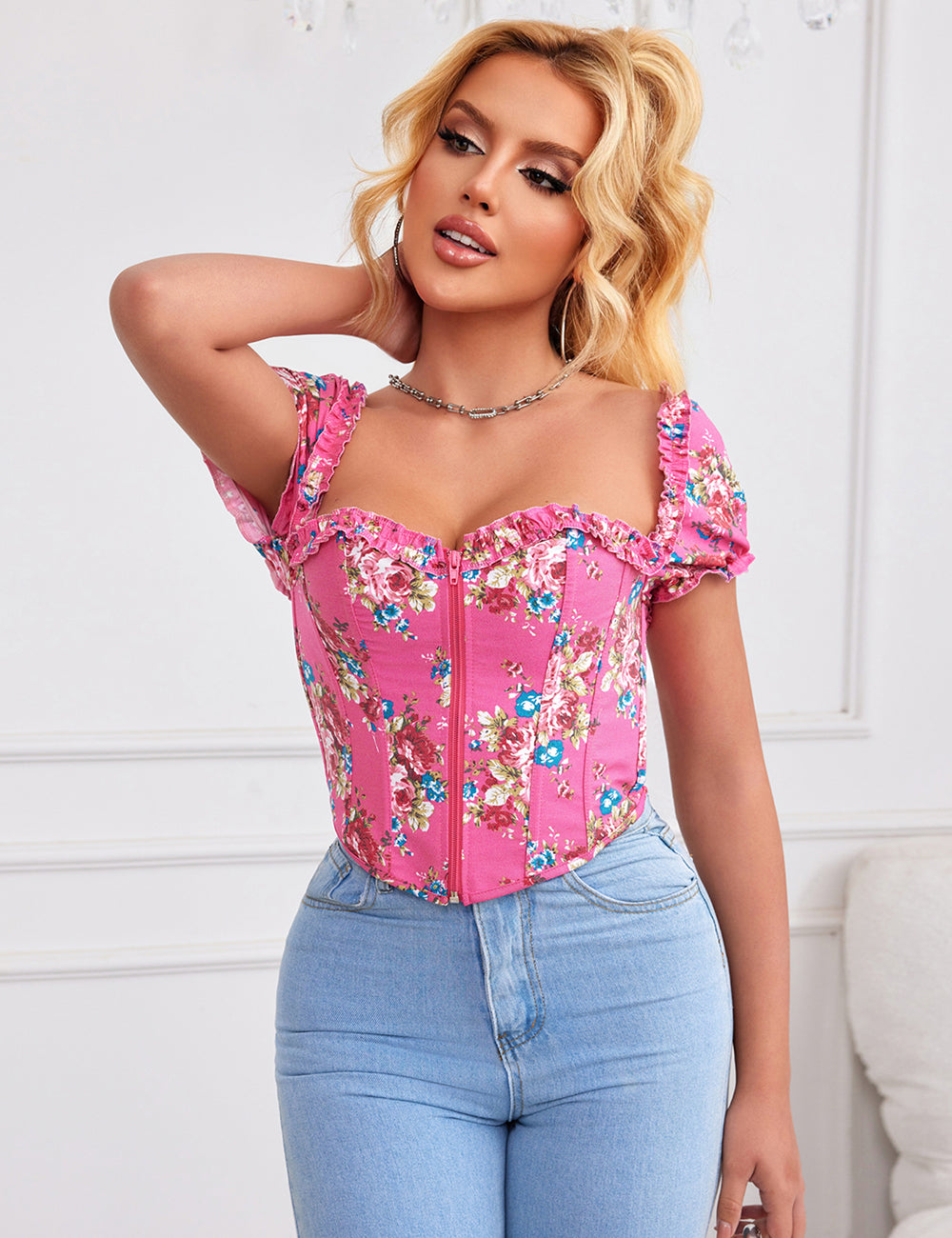 8 Pieces Plastic Bones Pink Sexy Puff Sleeves Printed Palace Style Corset