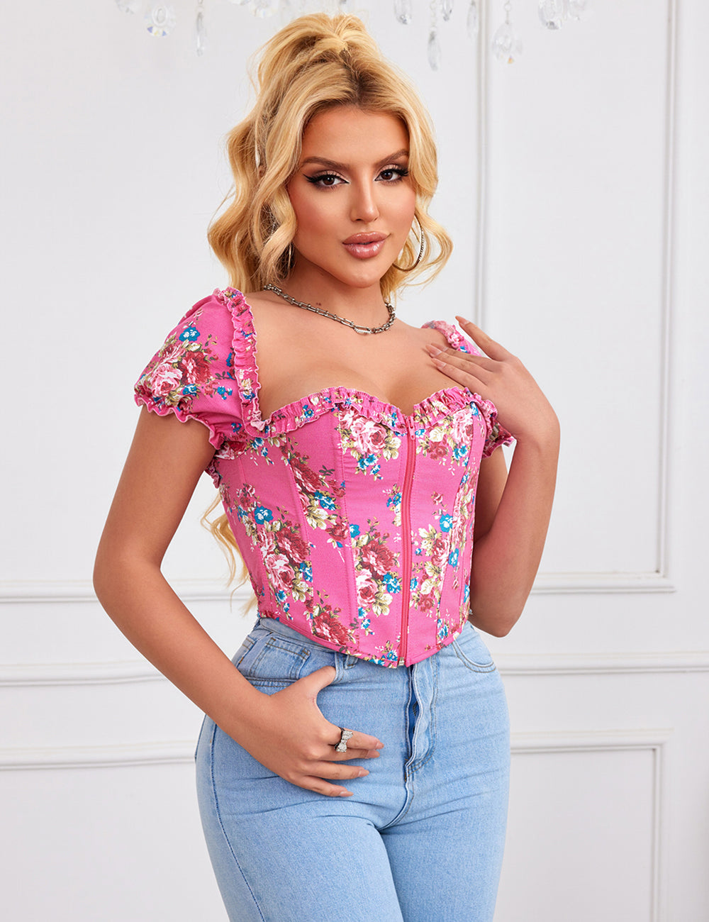 8 Pieces Plastic Bones Pink Sexy Puff Sleeves Printed Palace Style Corset