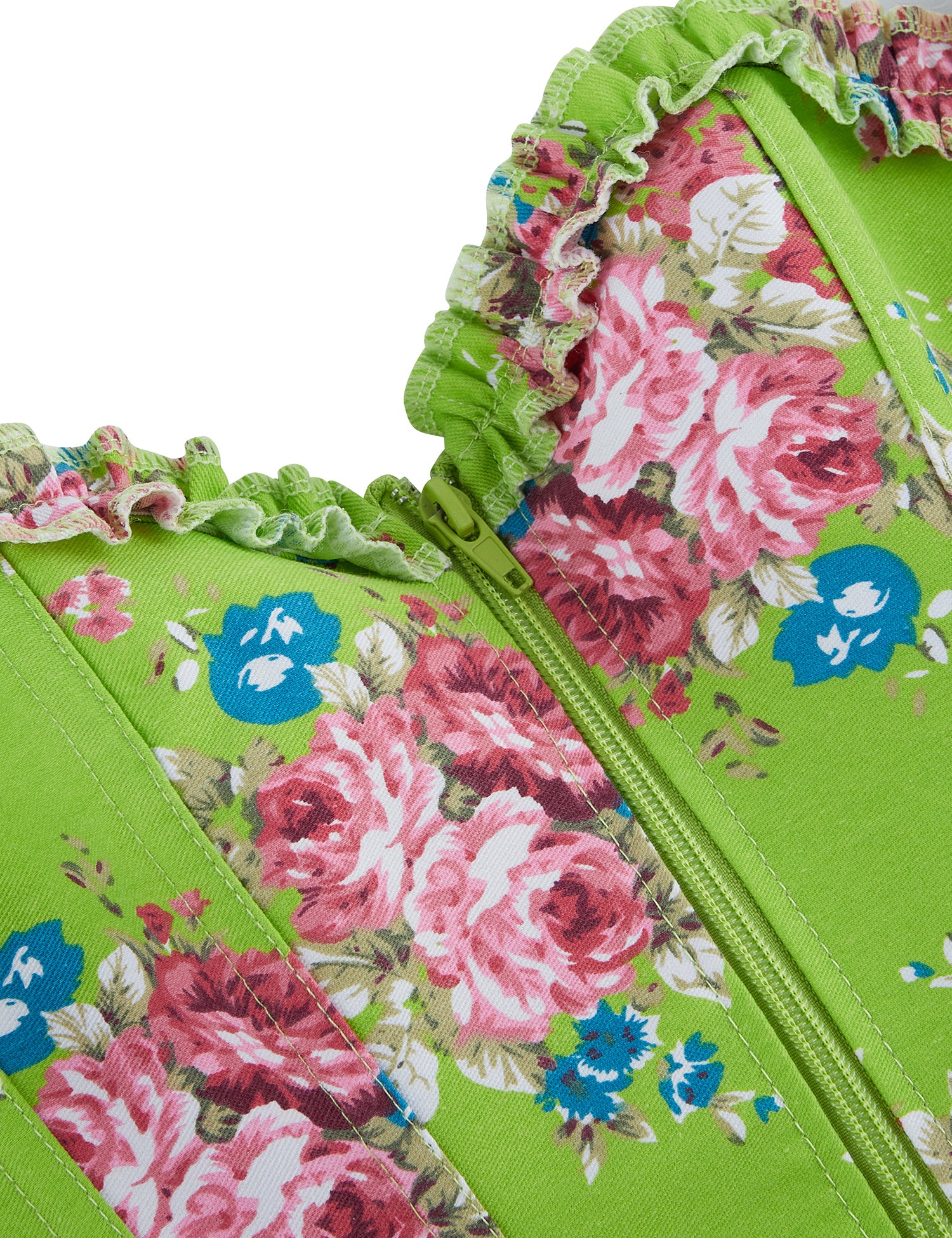 8 Pieces Plastic Bones Green Sexy Puff Sleeves Printed Palace Style Corset