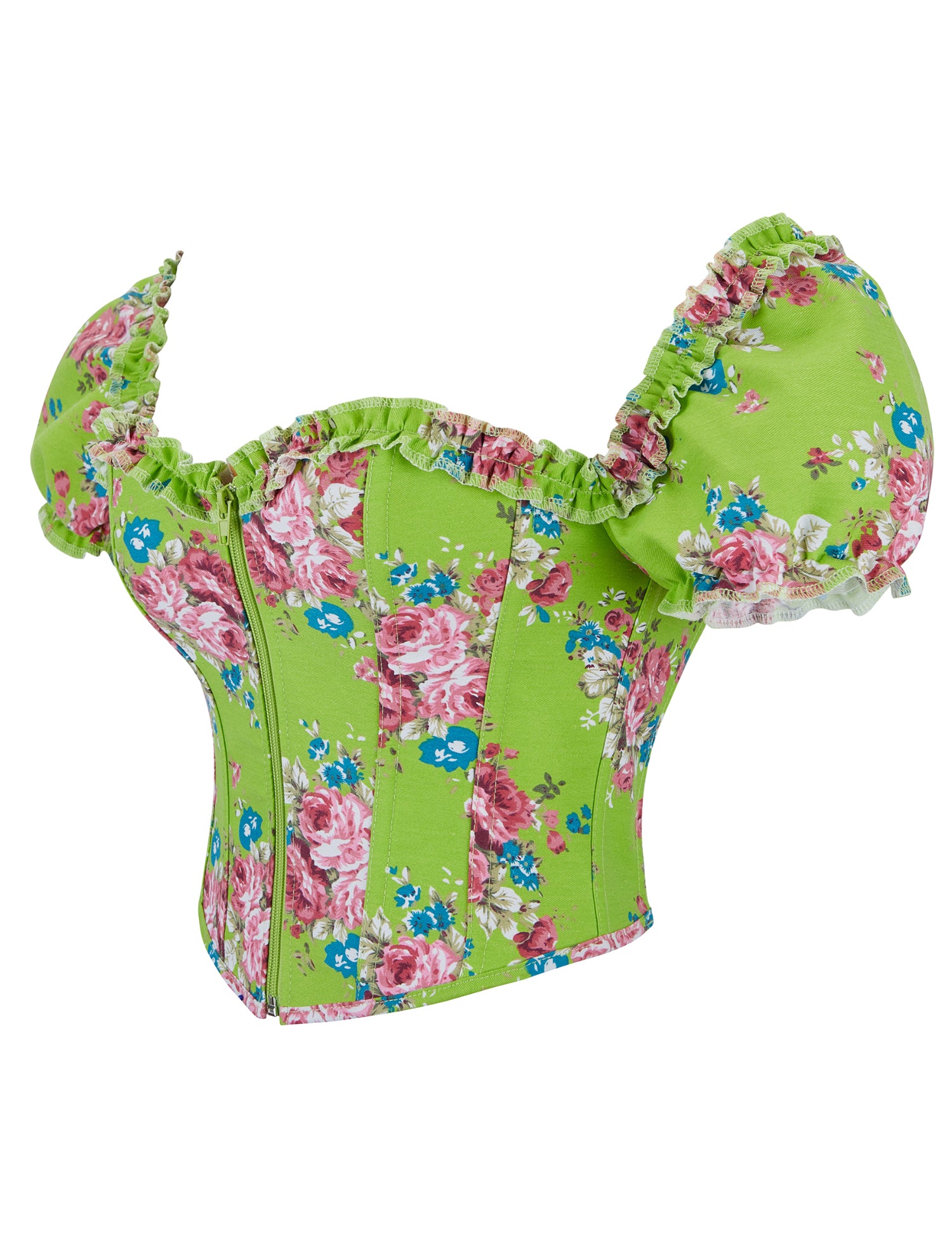 8 Pieces Plastic Bones Green Sexy Puff Sleeves Printed Palace Style Corset