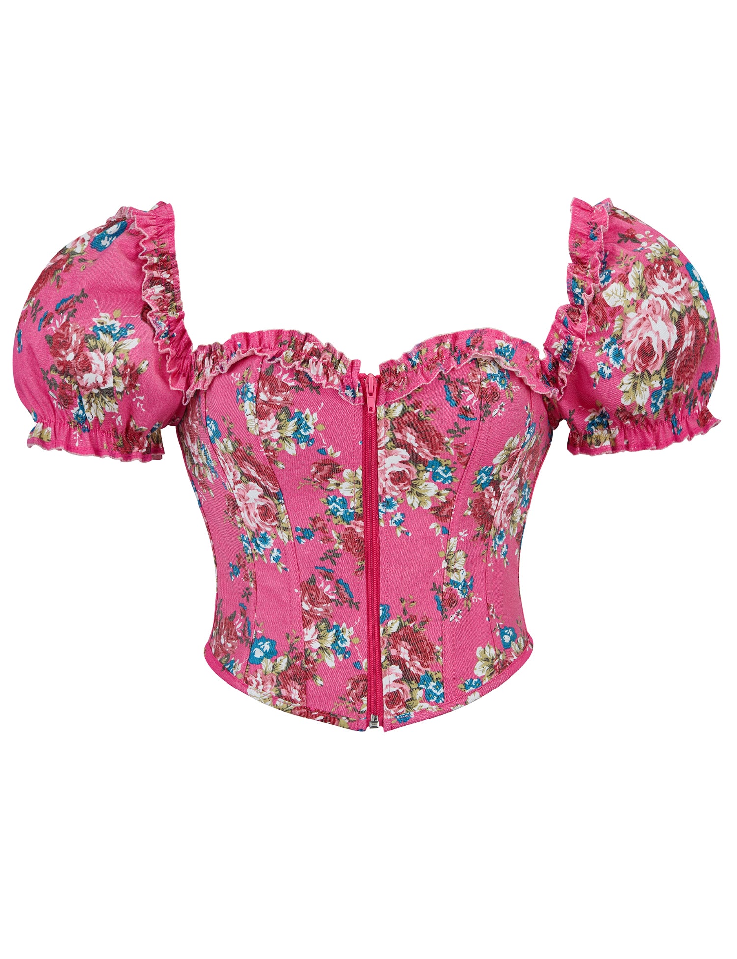 8 Pieces Plastic Bones Pink Sexy Puff Sleeves Printed Palace Style Corset