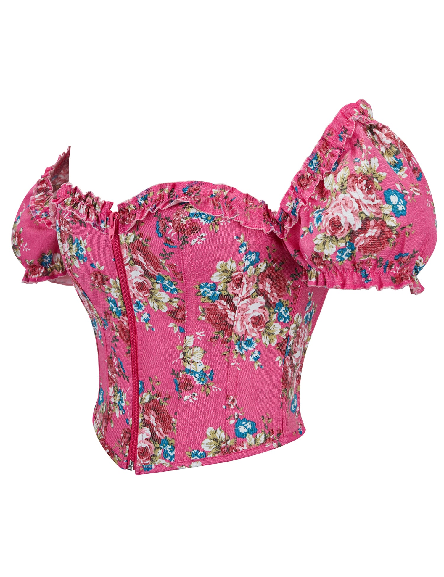 8 Pieces Plastic Bones Pink Sexy Puff Sleeves Printed Palace Style Corset