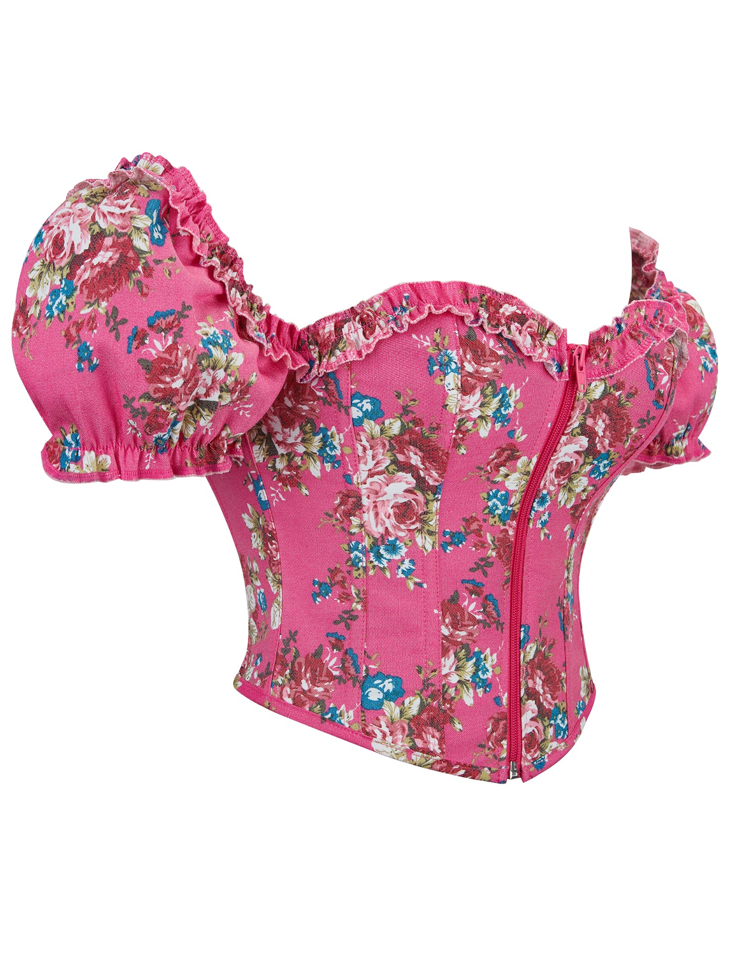 8 Pieces Plastic Bones Pink Sexy Puff Sleeves Printed Palace Style Corset