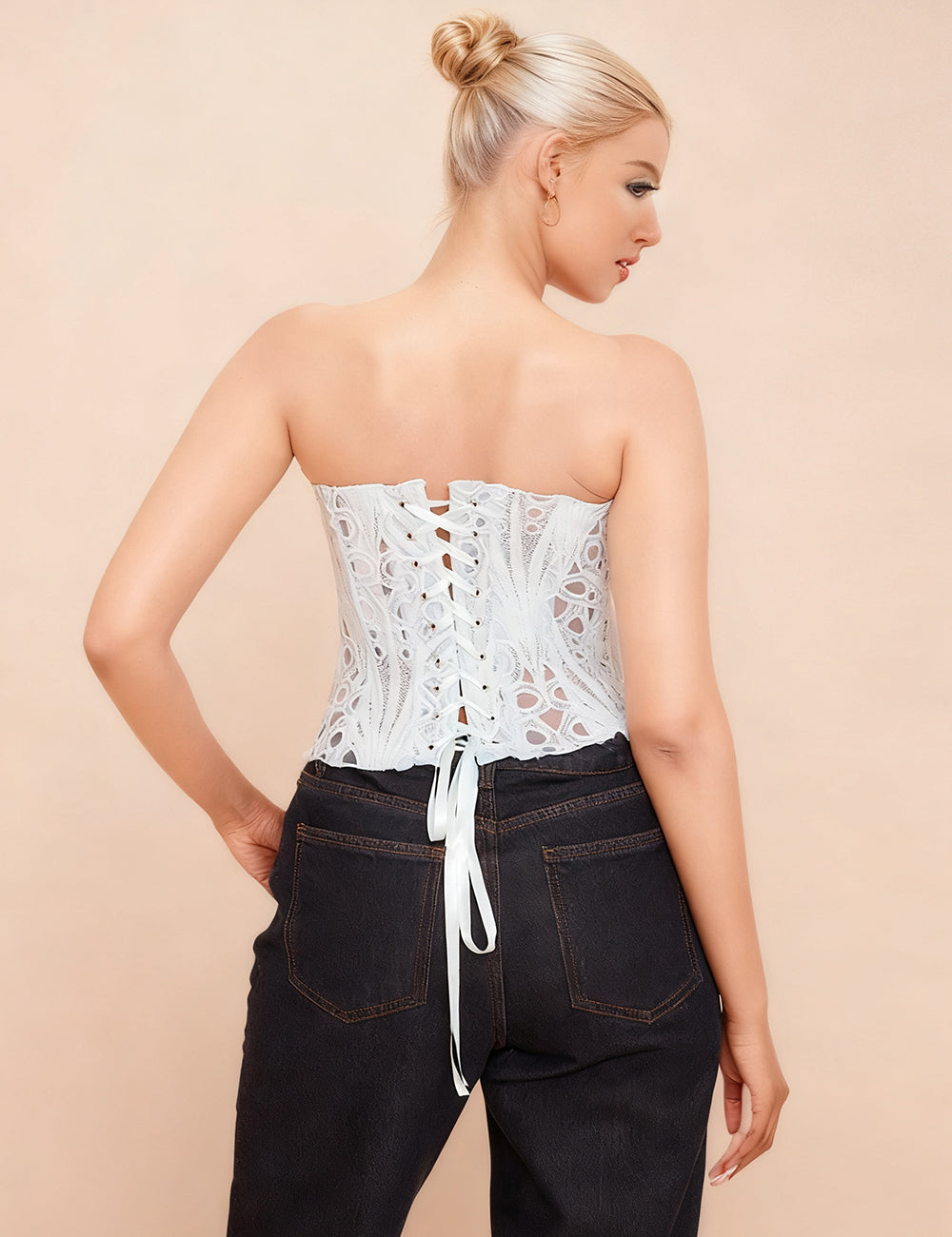 14 Bones White Hollow Lace-up Court-style Corset