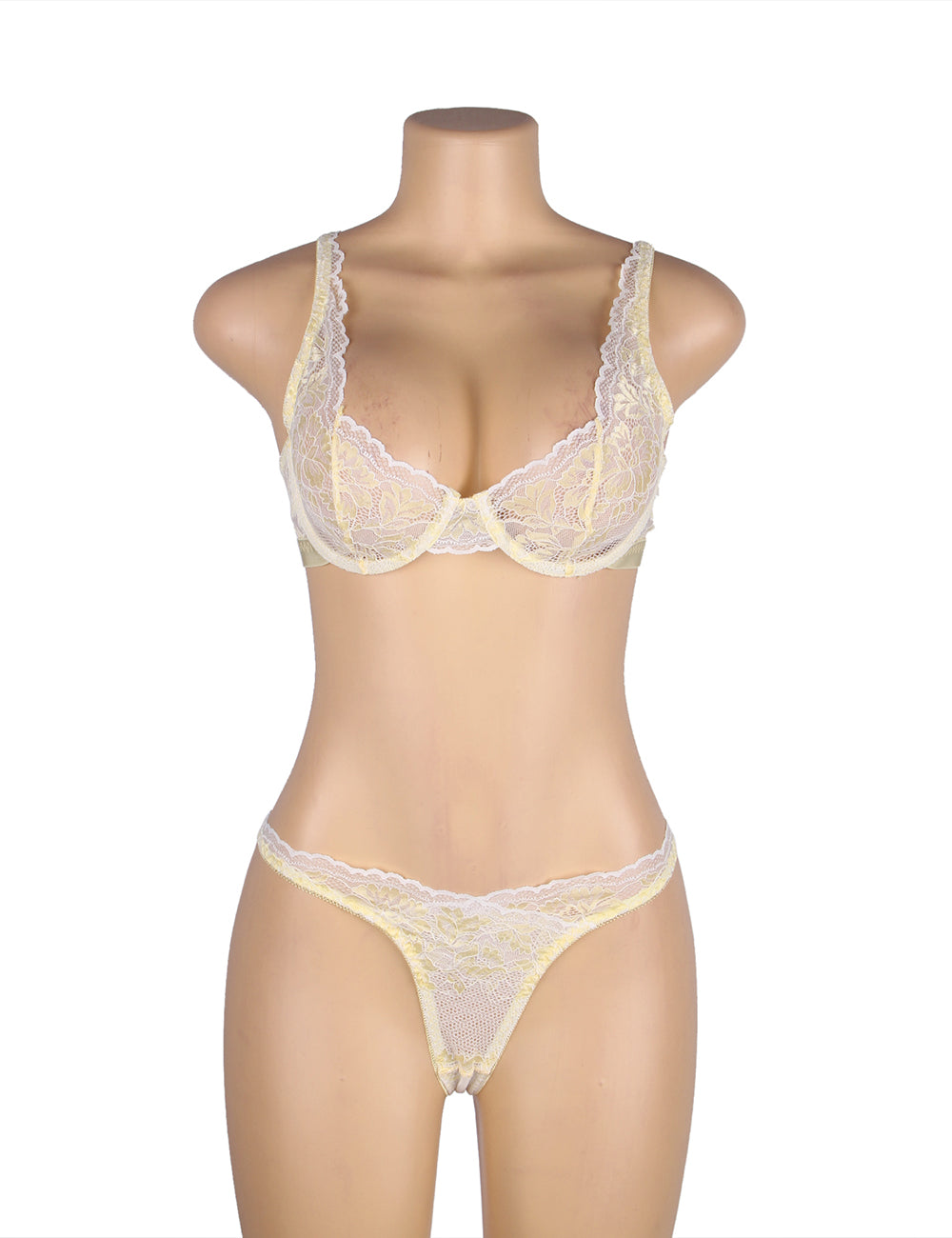 Yellow Two Straps Floral Lace Underwire Bra Set