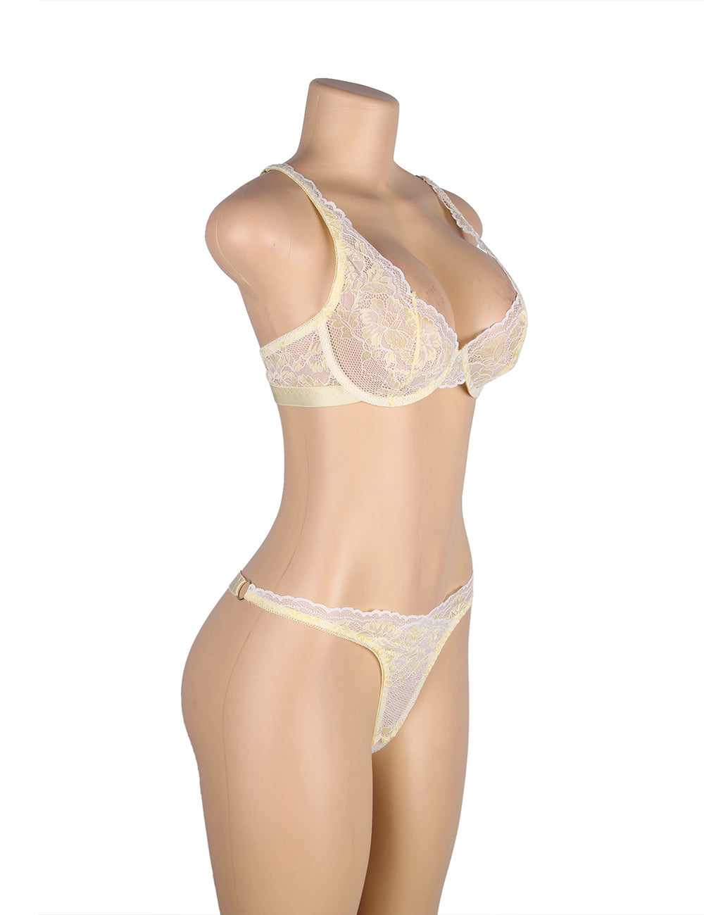 Yellow Two Straps Floral Lace Underwire Bra Set