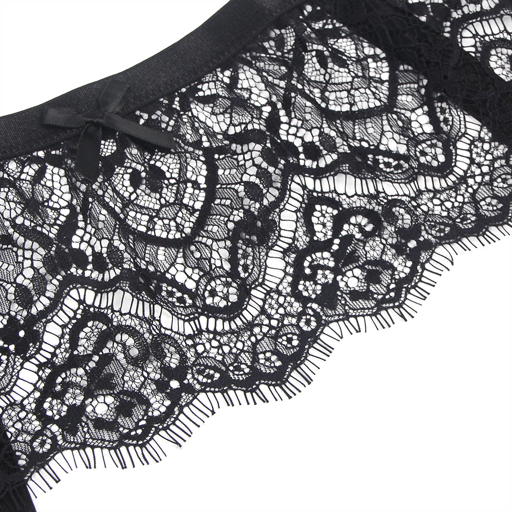 Black Eyelash Lace High Waist Metal Button Garter Belt Panty