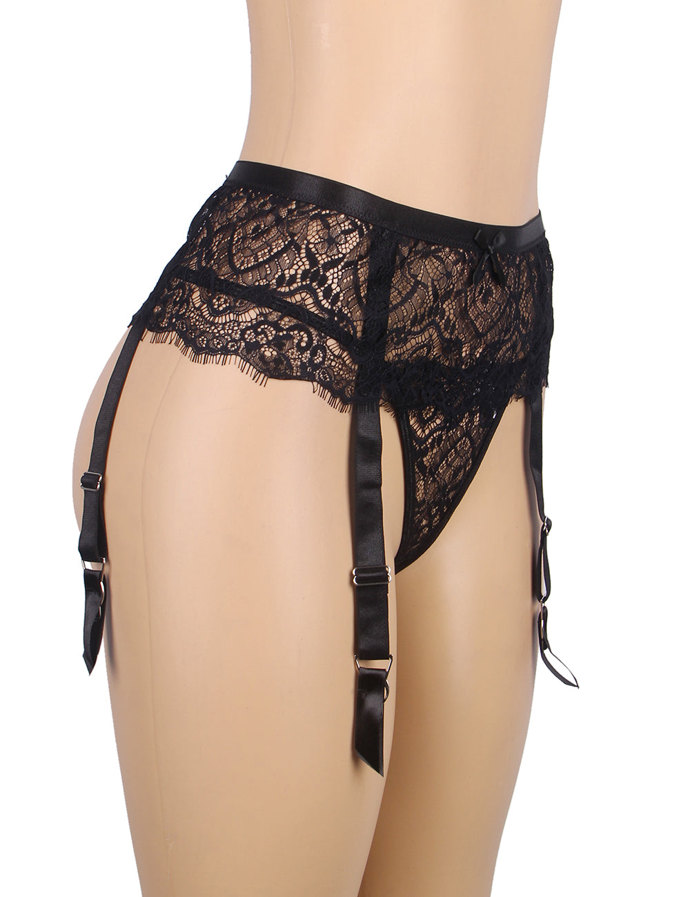 Black Eyelash Lace High Waist Metal Button Garter Belt Panty