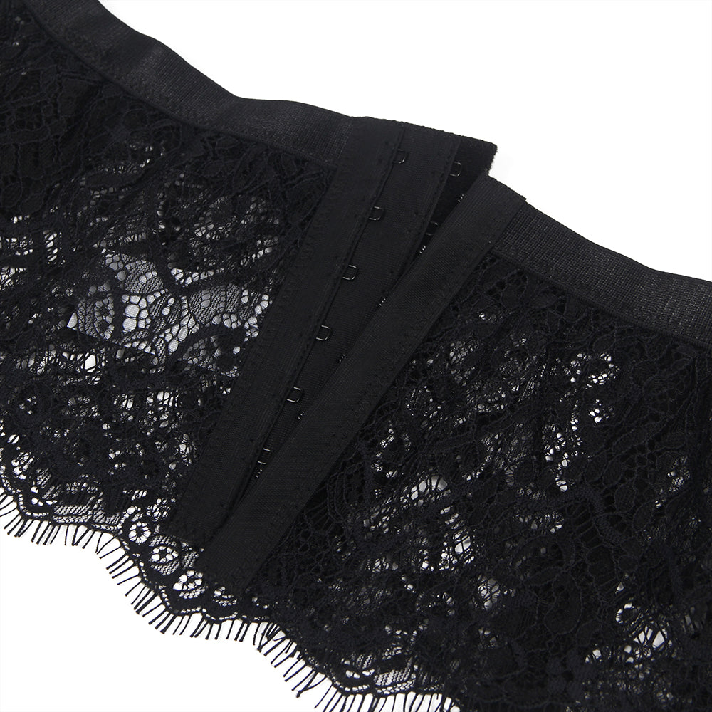 Black Eyelash Lace High Waist Metal Button Garter Belt Panty
