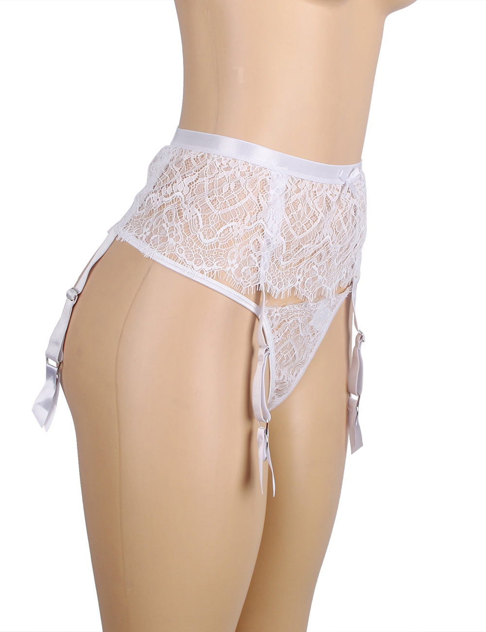 White Eyelash Lace High Waist Metal Button Garter Belt Panty