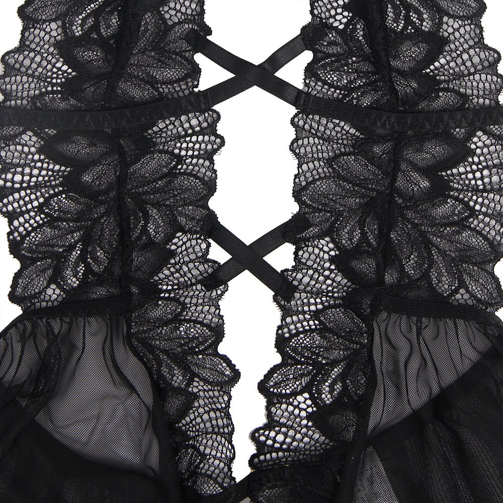 Black Floral Mesh & Lace Halter Teddy – Deep Neck, Backless, Ruffle Hem & Adjustable Straps - TeaseFashion