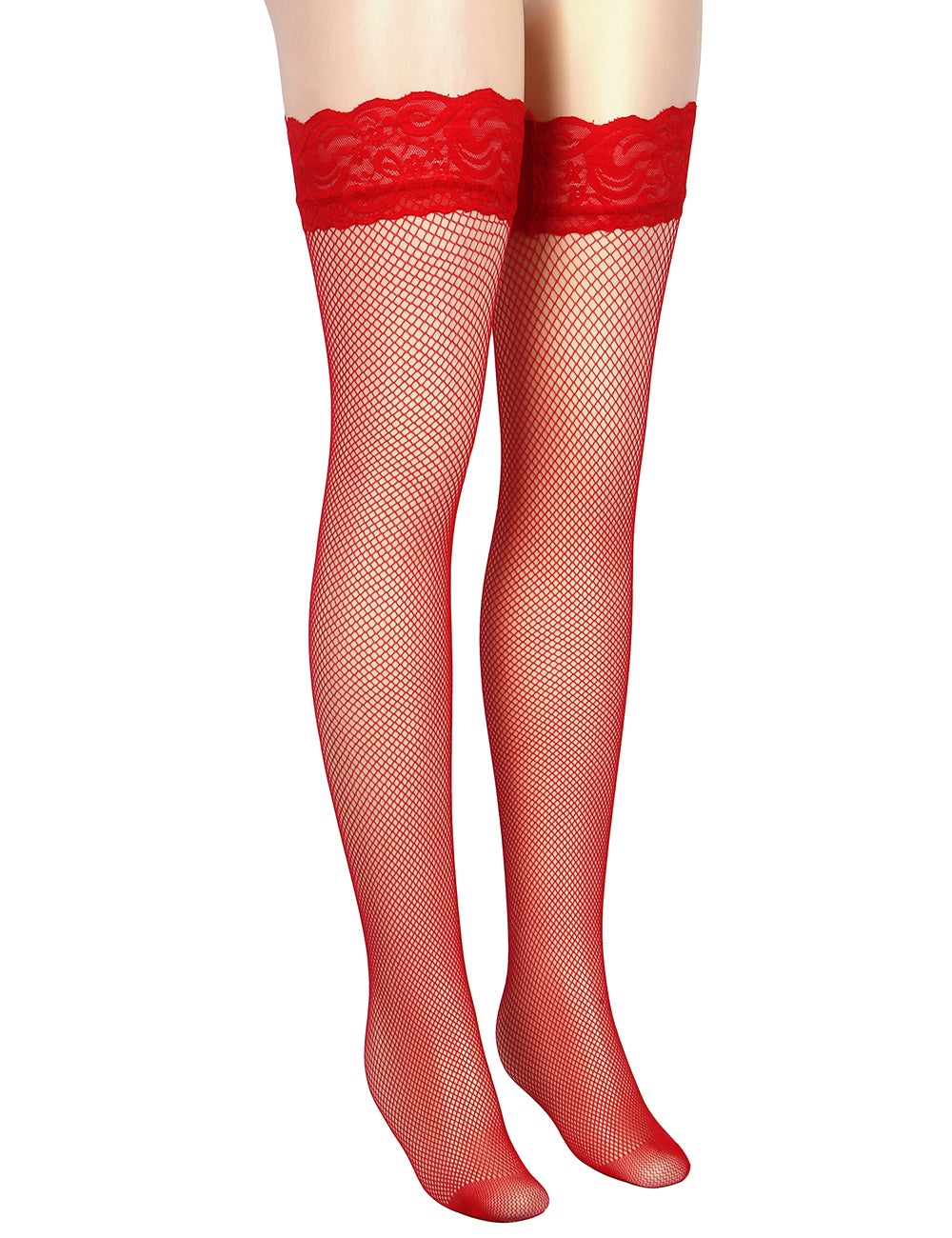 Red Fishnets Thigh High stockings Silicone Lace Top Stay Up Sheer Nylon Hosiery