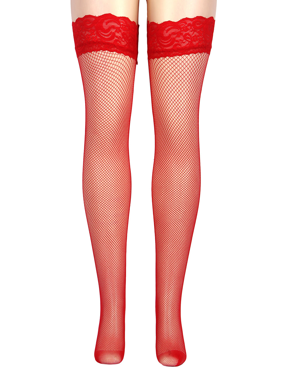 Red Fishnets Thigh High stockings Silicone Lace Top Stay Up Sheer Nylon Hosiery
