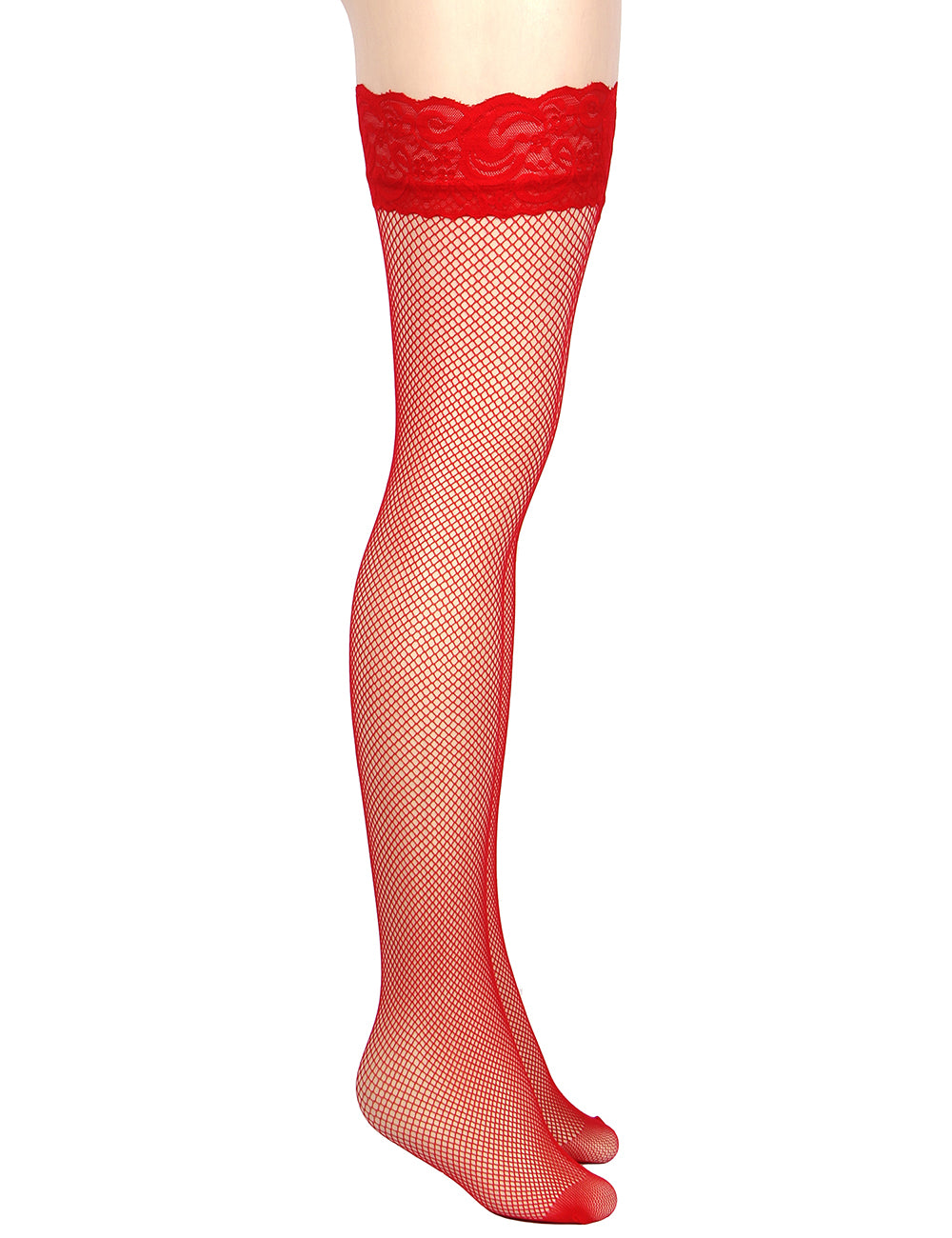 Red Fishnets Thigh High stockings Silicone Lace Top Stay Up Sheer Nylon Hosiery