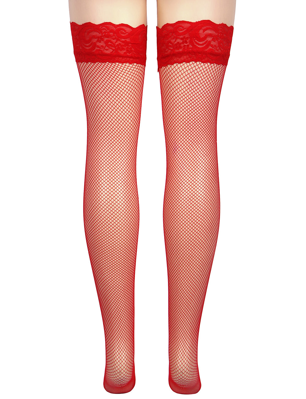 Red Fishnets Thigh High stockings Silicone Lace Top Stay Up Sheer Nylon Hosiery