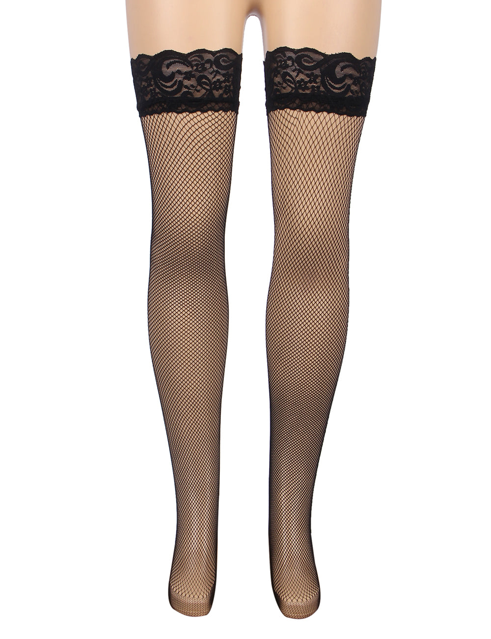 Black Fishnets Thigh High Stockings Silicone Lace Top Stay Up Sheer Hosiery