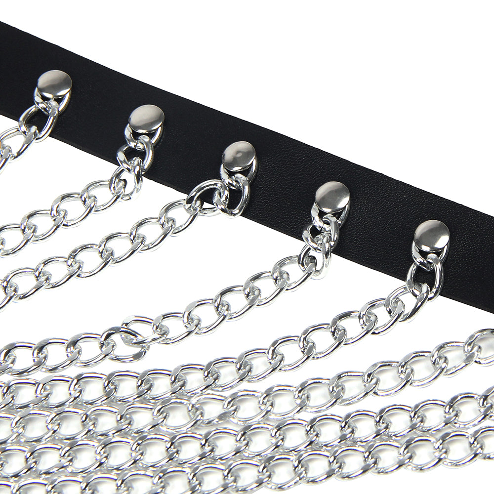 Wild black leather chest punk bondage belt with chain