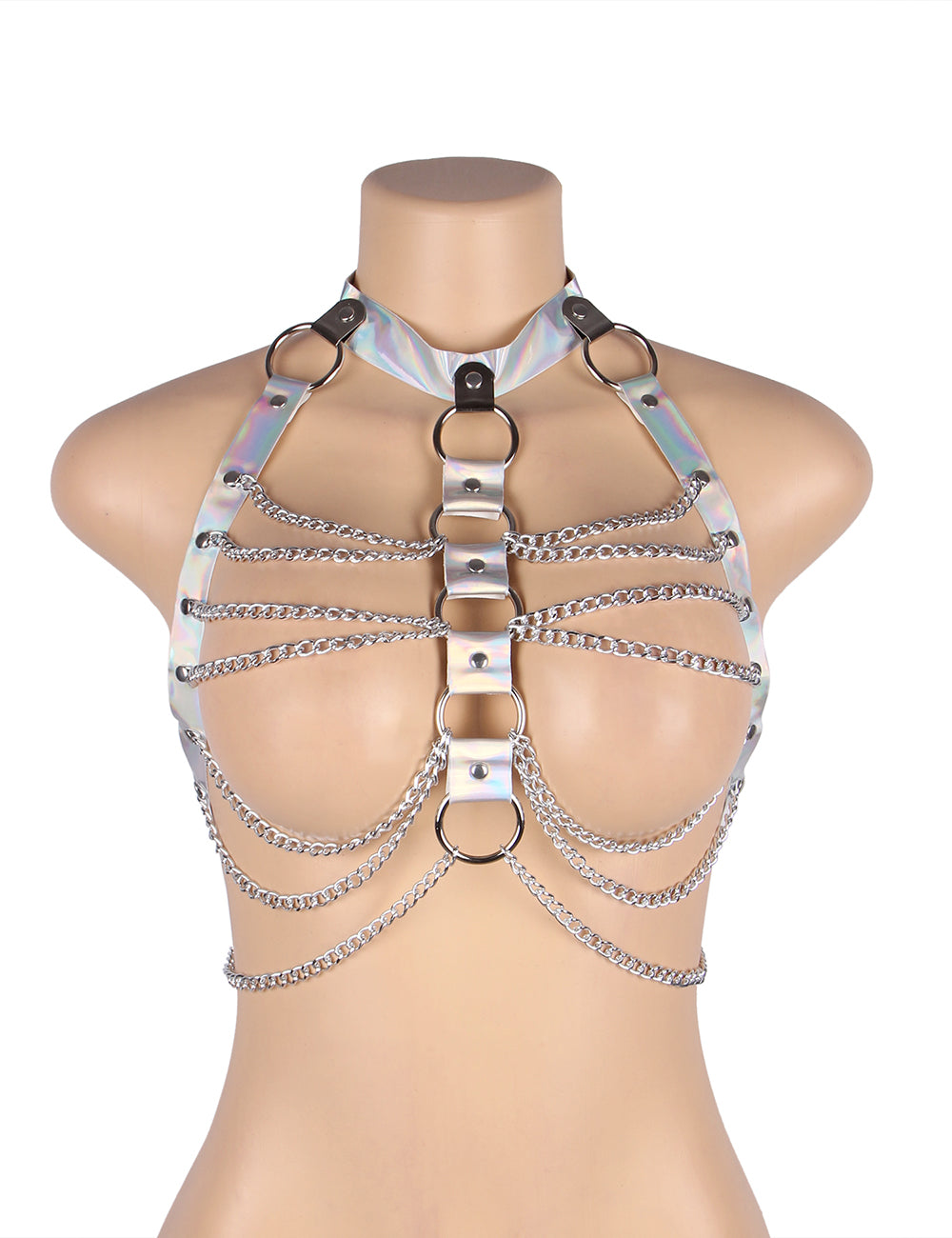 Silver Leather Chest Harness Straps Bras Chain