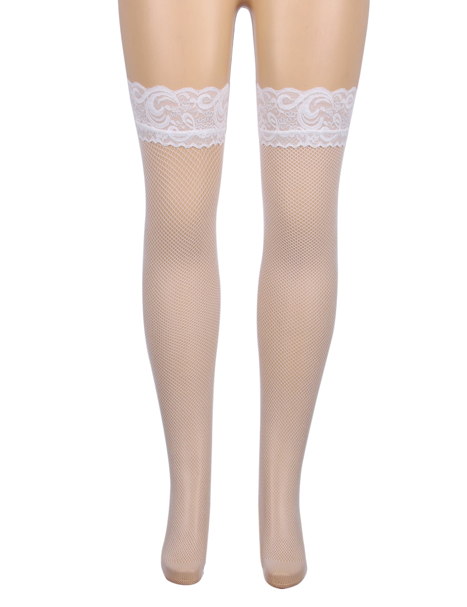 White Fishnets Thigh High Stockings Silicone Lace Top Stay Up Sheer Hosiery