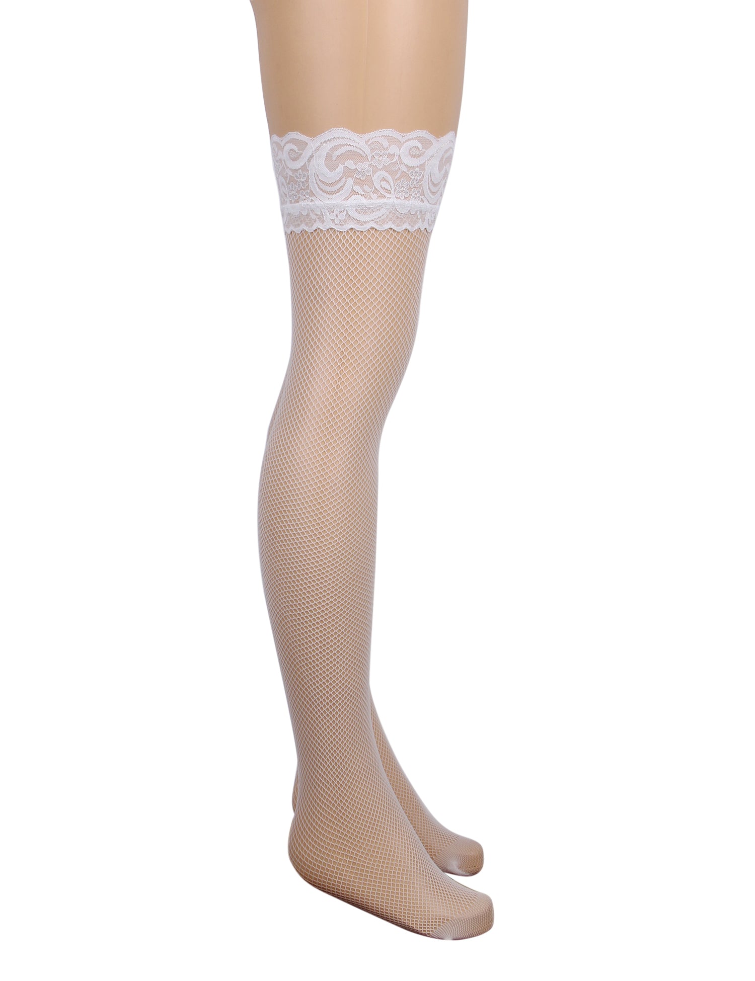White Fishnets Thigh High Stockings Silicone Lace Top Stay Up Sheer Hosiery