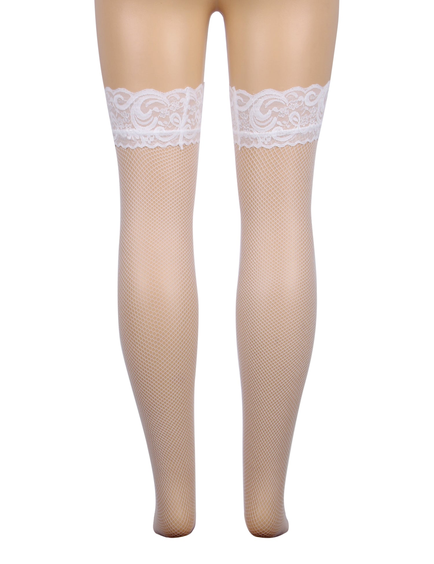 White Fishnets Thigh High Stockings Silicone Lace Top Stay Up Sheer Hosiery