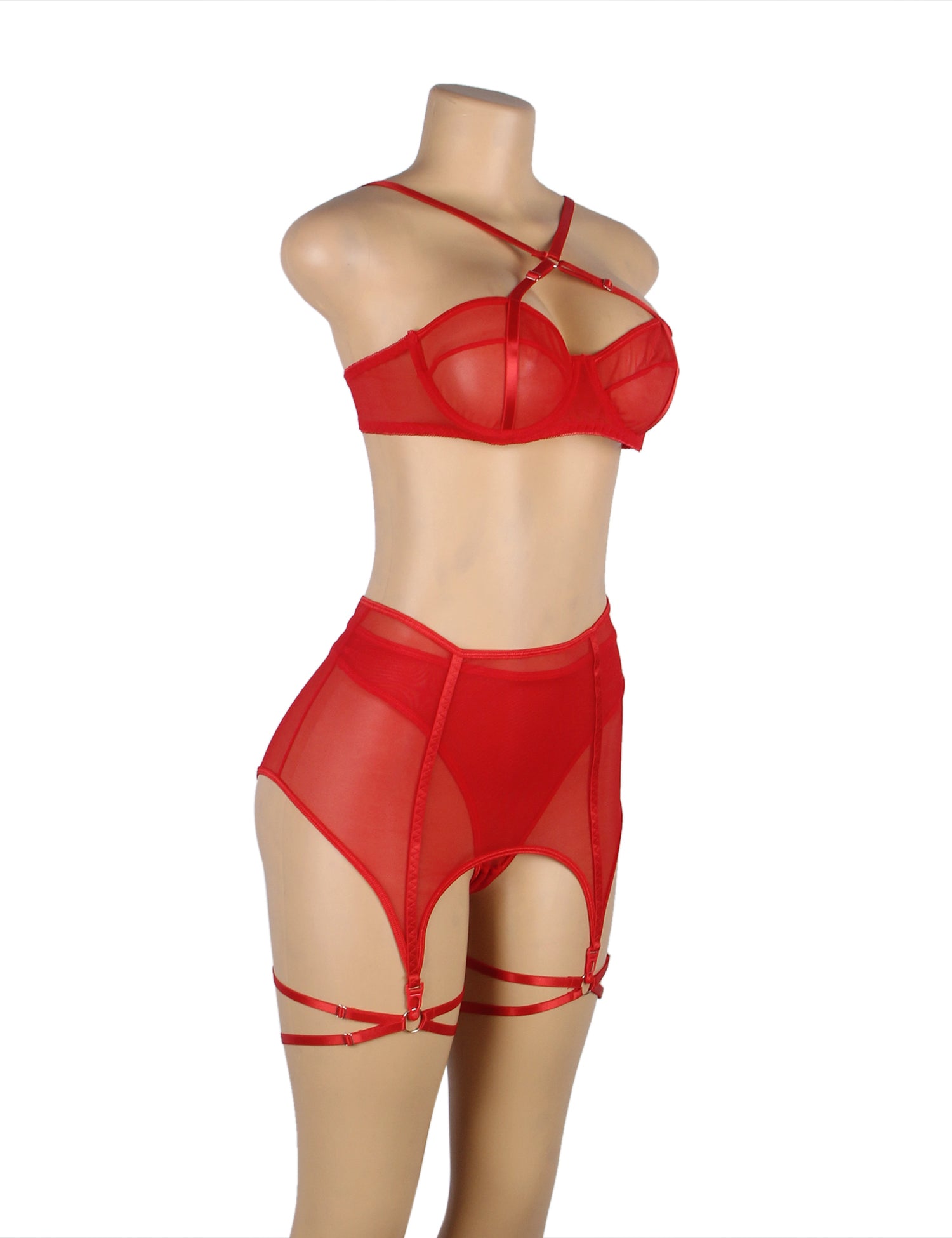 Red Mesh Underwire Garter Lingerie Set