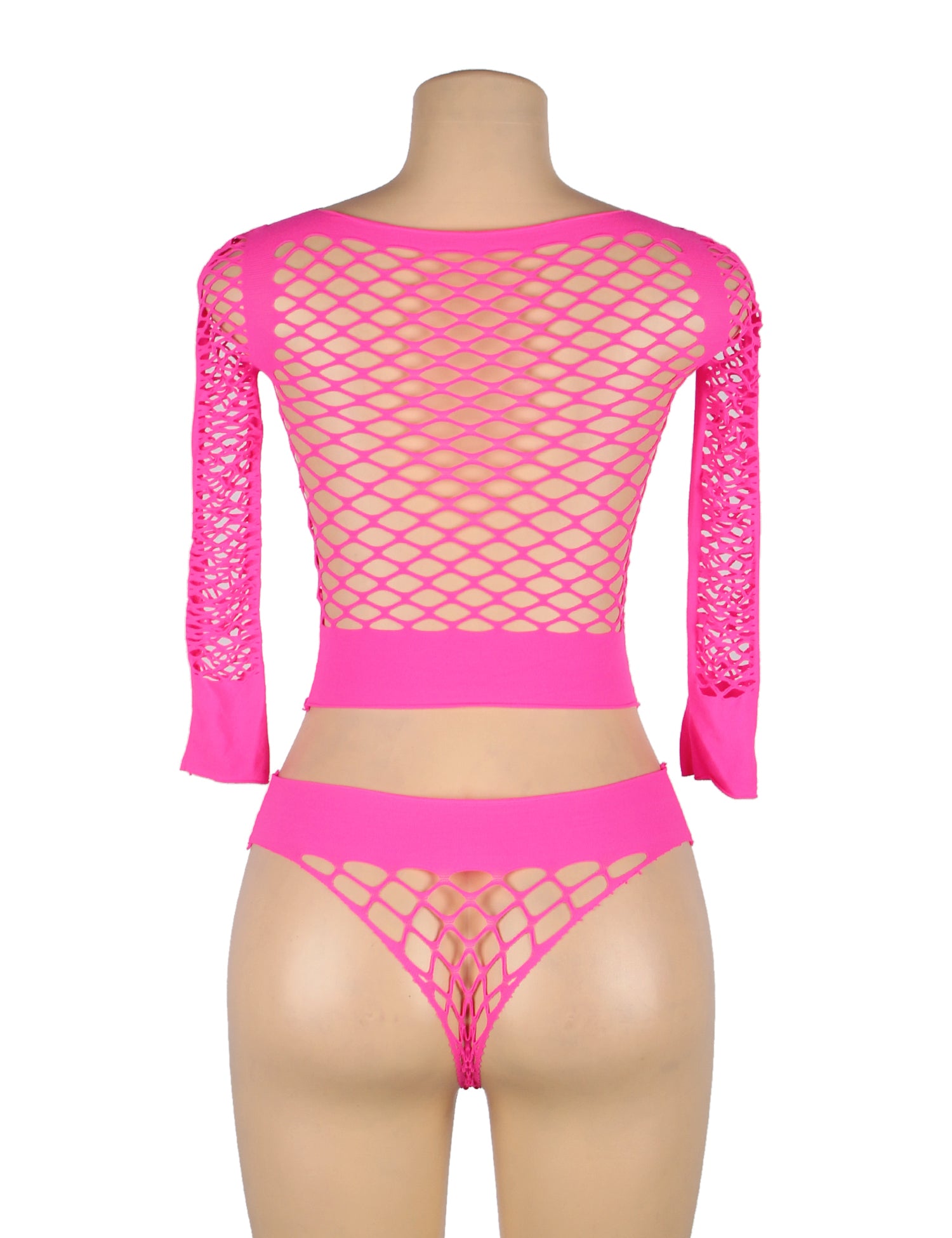 Pink Long Sleeve Two-Piece Bodystocking With Fishnet Crop Top And Bottom
