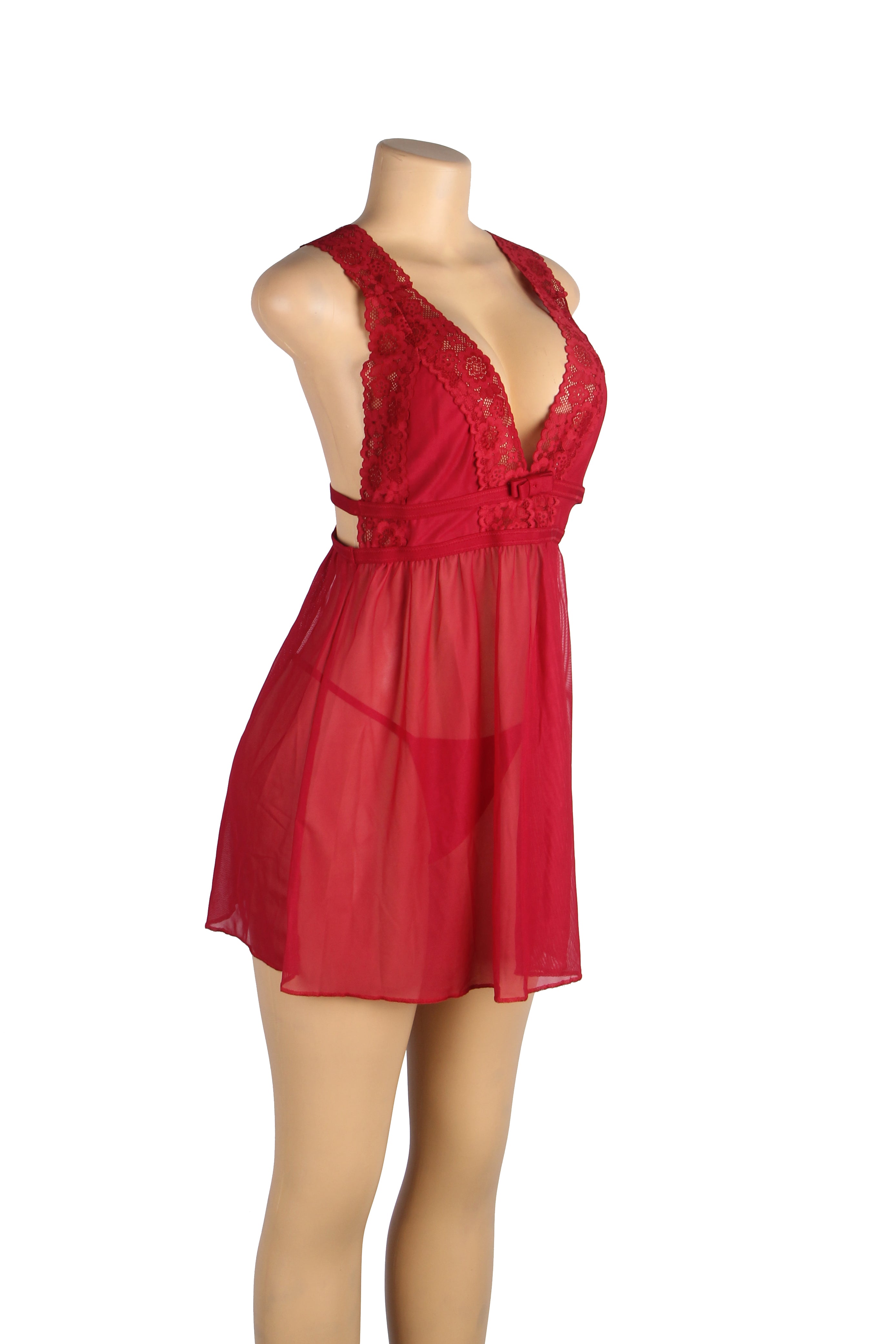 Burgundy Deep V-neck Mesh Sexy Babydoll