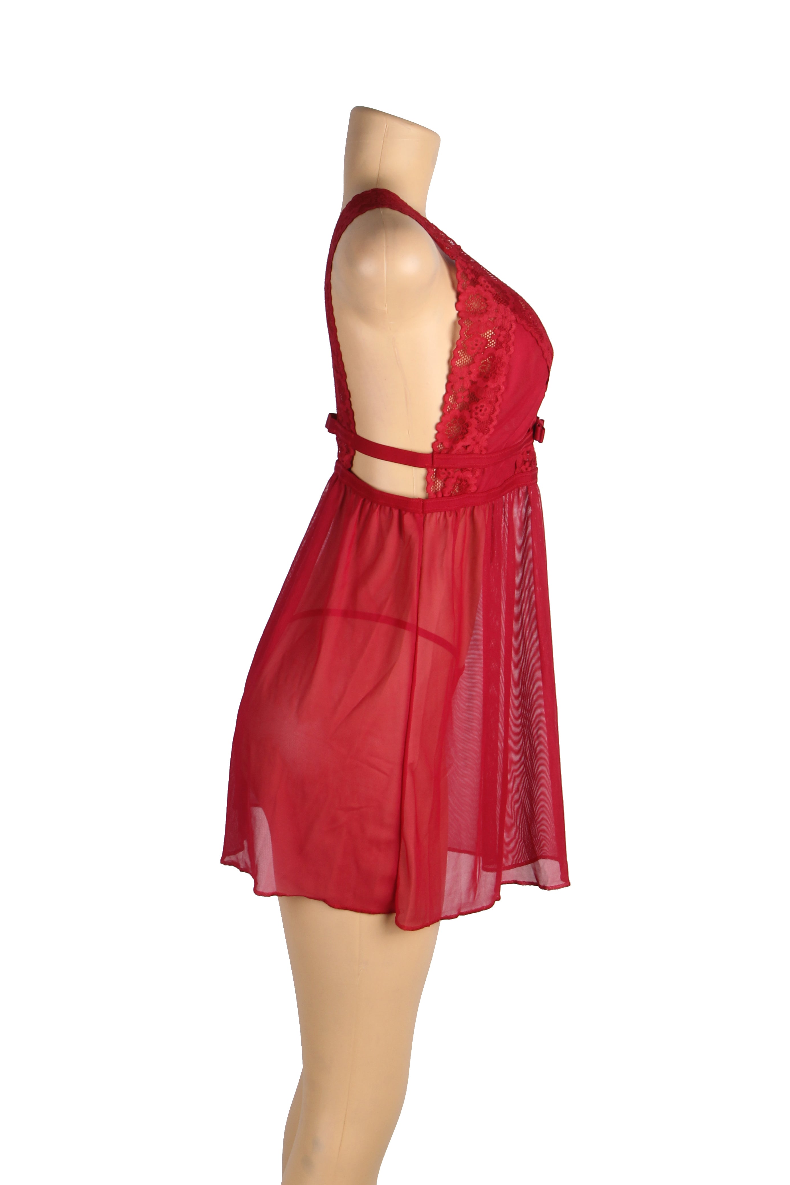 Burgundy Deep V-neck Mesh Sexy Babydoll