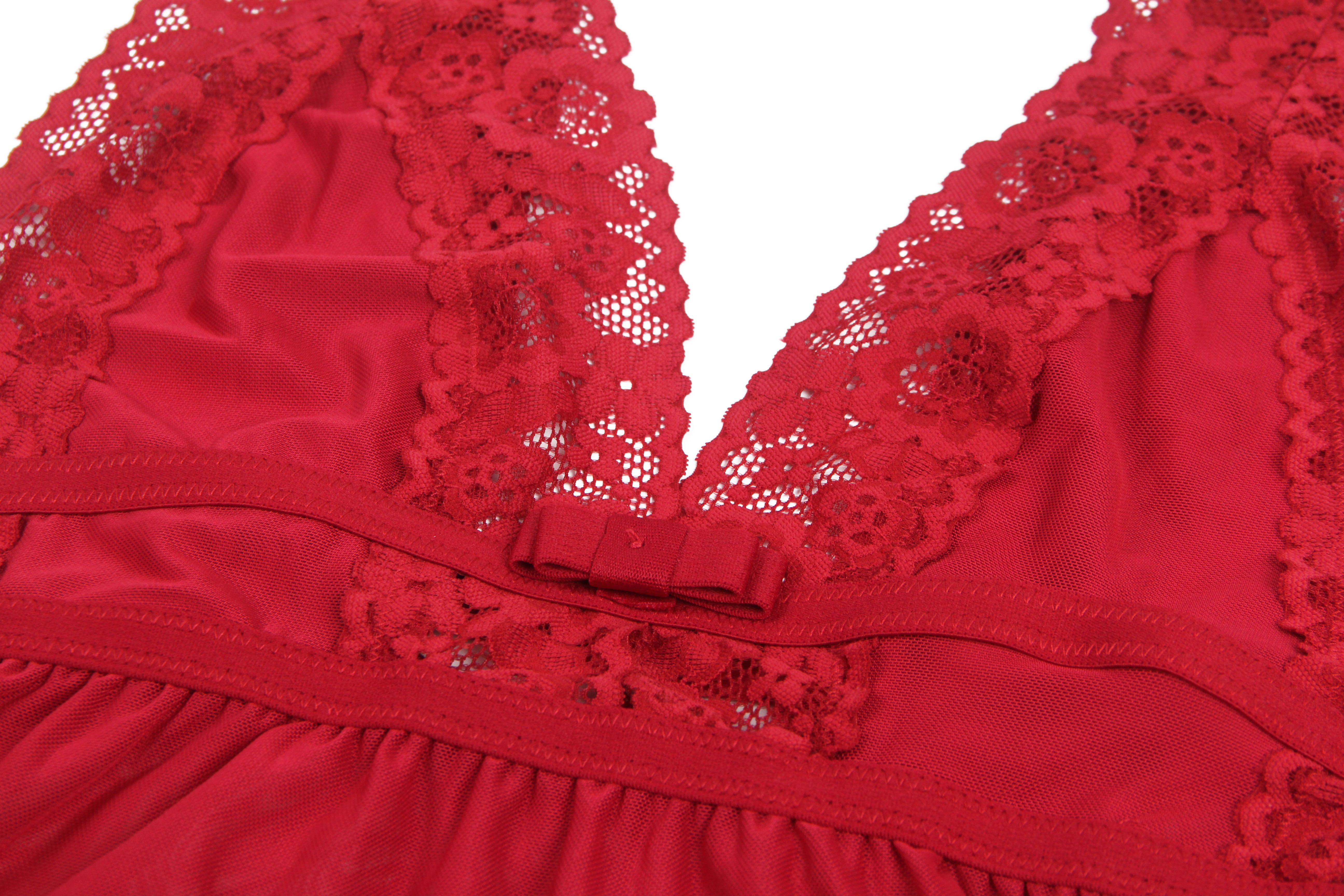 Burgundy Deep V-neck Mesh Sexy Babydoll