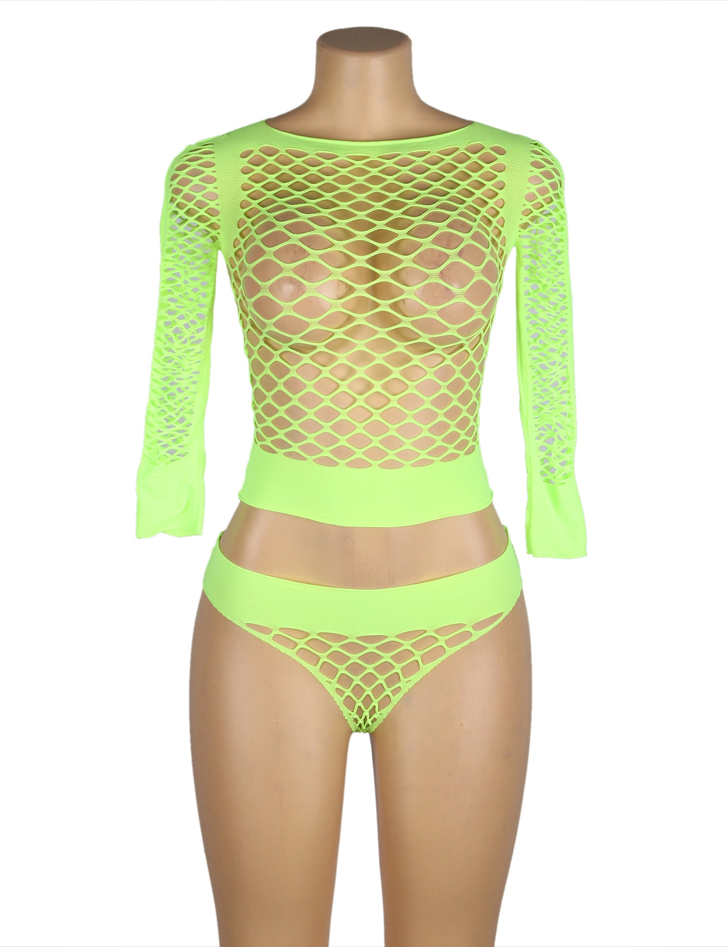 Green Long Sleeve Two-Piece Bodystocking With Fishnet Crop Top And Bottom