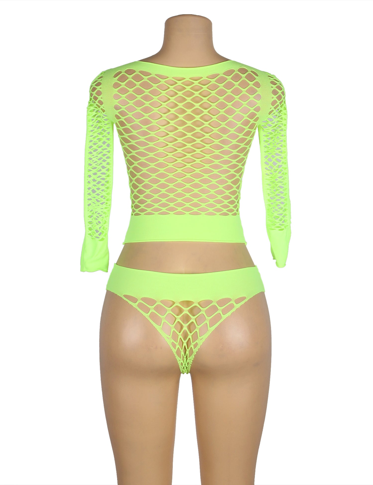 Green Long Sleeve Two-Piece Bodystocking With Fishnet Crop Top And Bottom