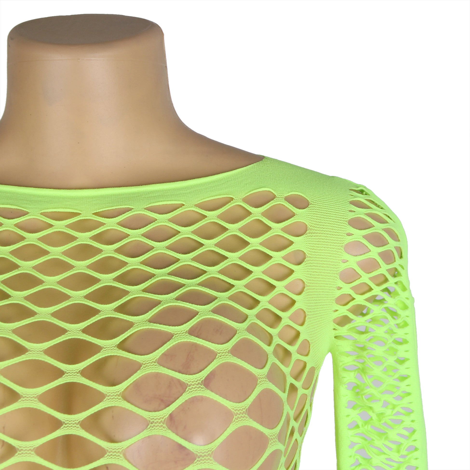 Green Long Sleeve Two-Piece Bodystocking With Fishnet Crop Top And Bottom