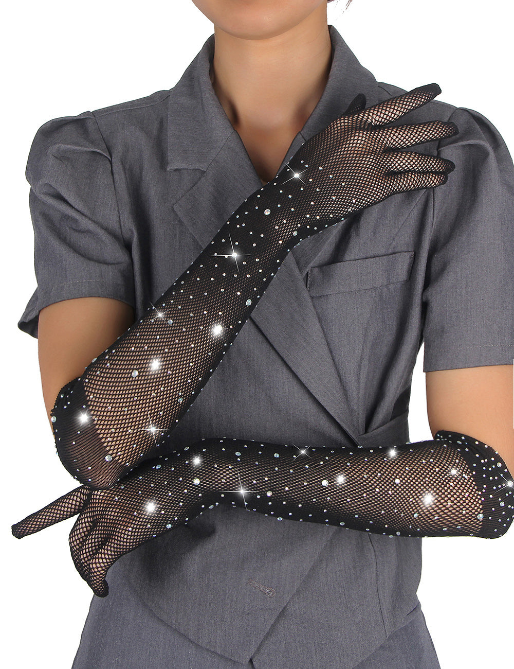 Enchanting Black Glitter Rhinestone Gloves