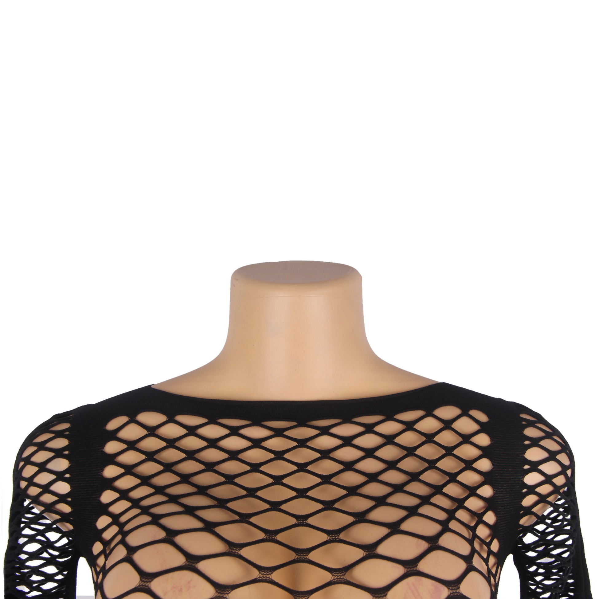 Black Long Sleeve Two-Piece Bodystocking With Fishnet Crop Top And Bottom