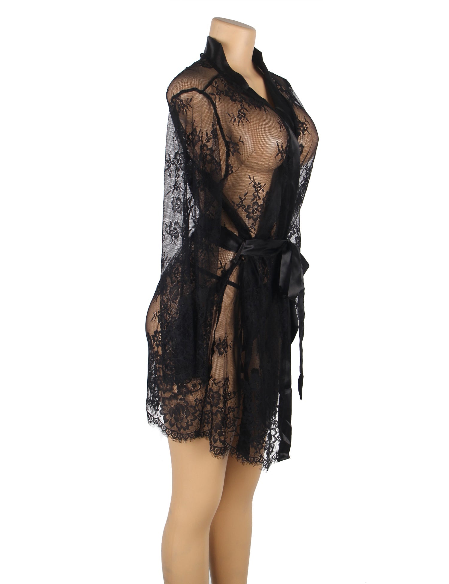 Sexy Long Sleeve Black Eyelash Lace Plus Size Short Sleepwear With Thong