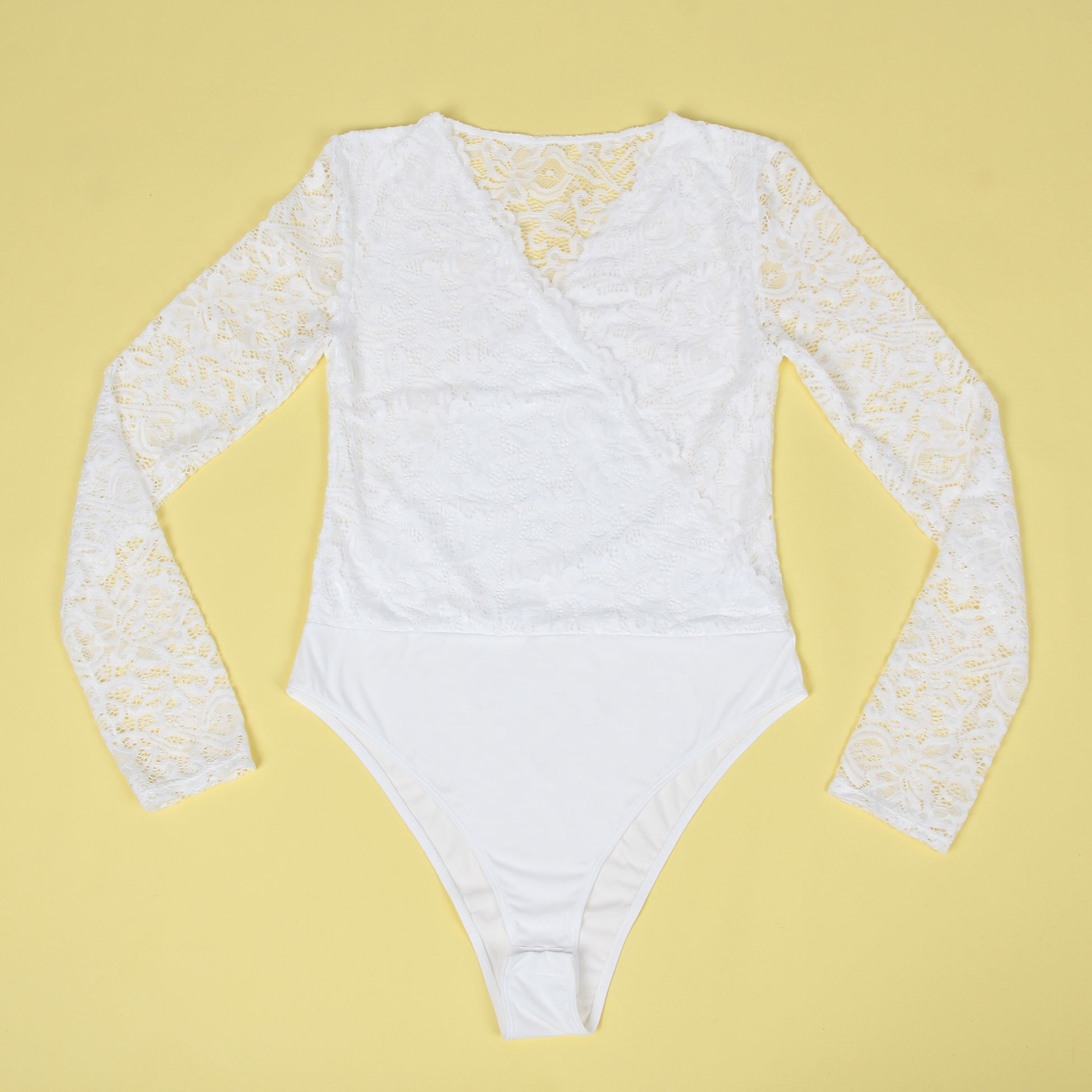 White Brushed Lace Long Sleeve Bodysuit