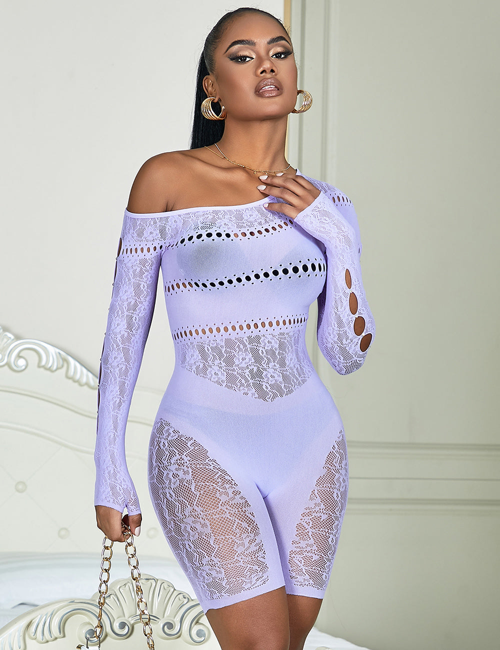 Purple Long-Sleeved One Shoulder Sexy Mesh Bodystocking