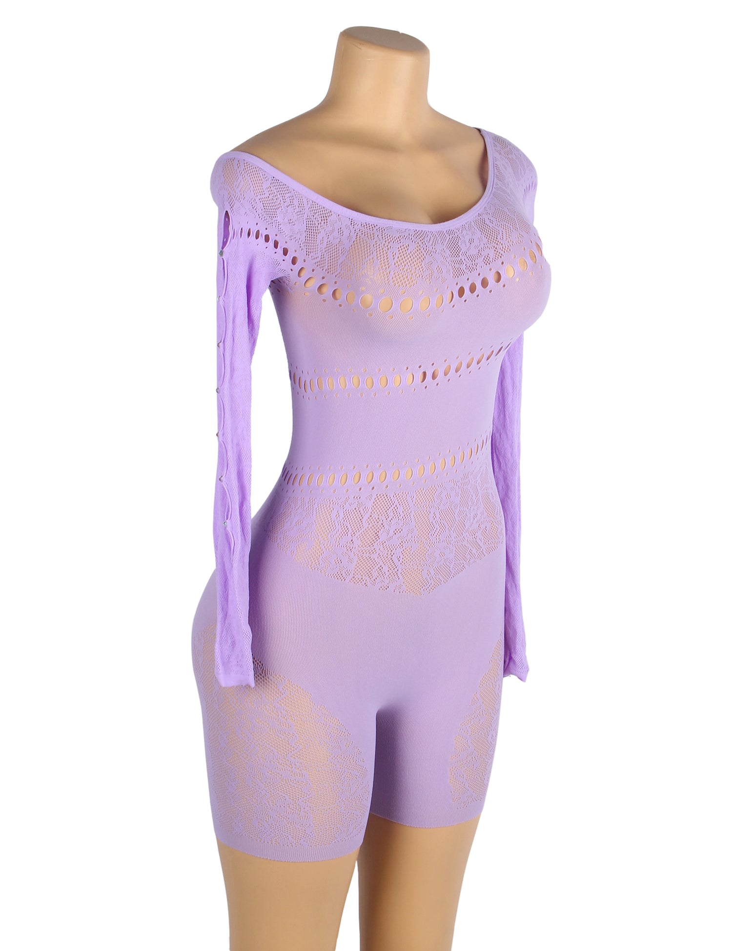 Purple Long-Sleeved One Shoulder Sexy Mesh Bodystocking