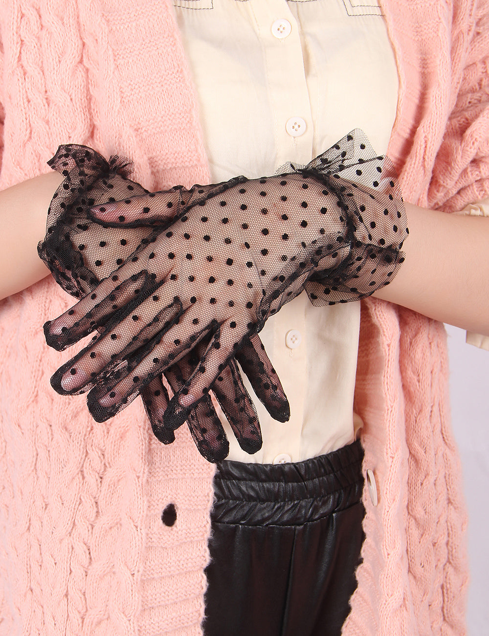Black Sexy Mesh Gloves With Polka Dots