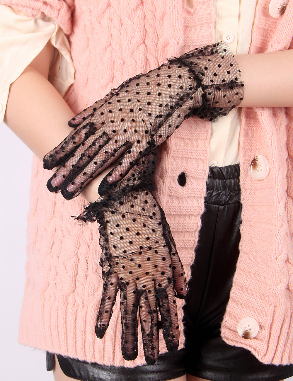 Black Sexy Mesh Gloves With Polka Dots