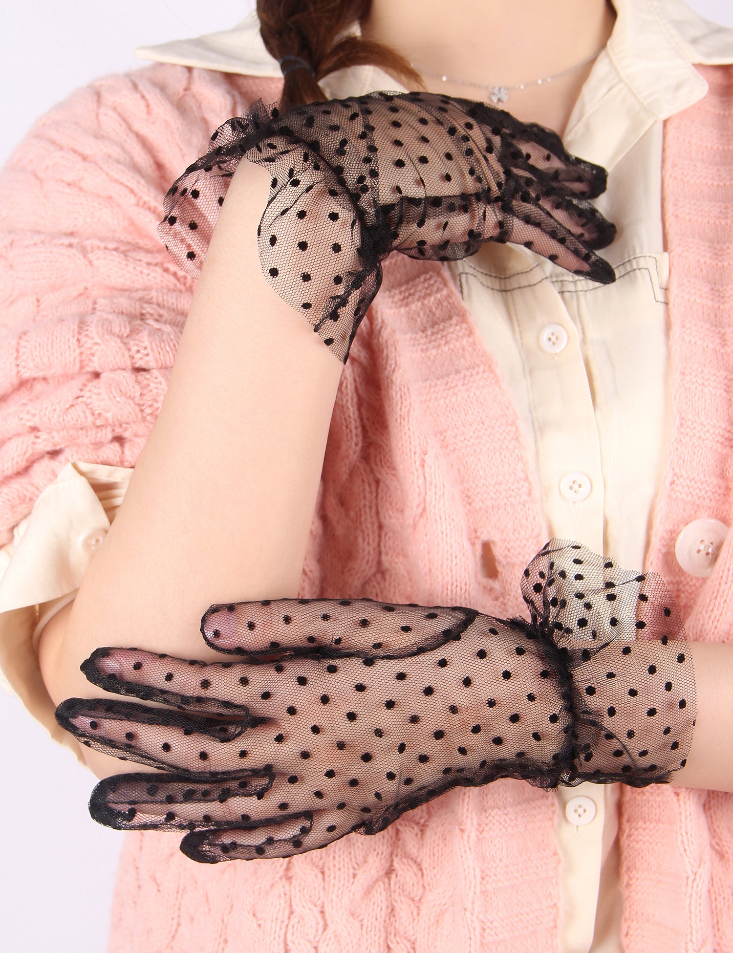 Black Sexy Mesh Gloves With Polka Dots