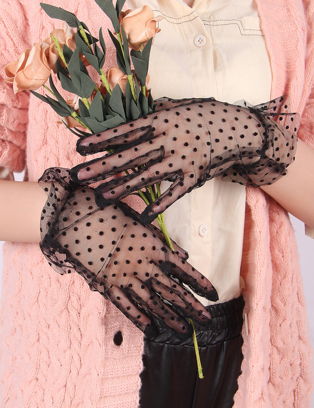 Black Sexy Mesh Gloves With Polka Dots