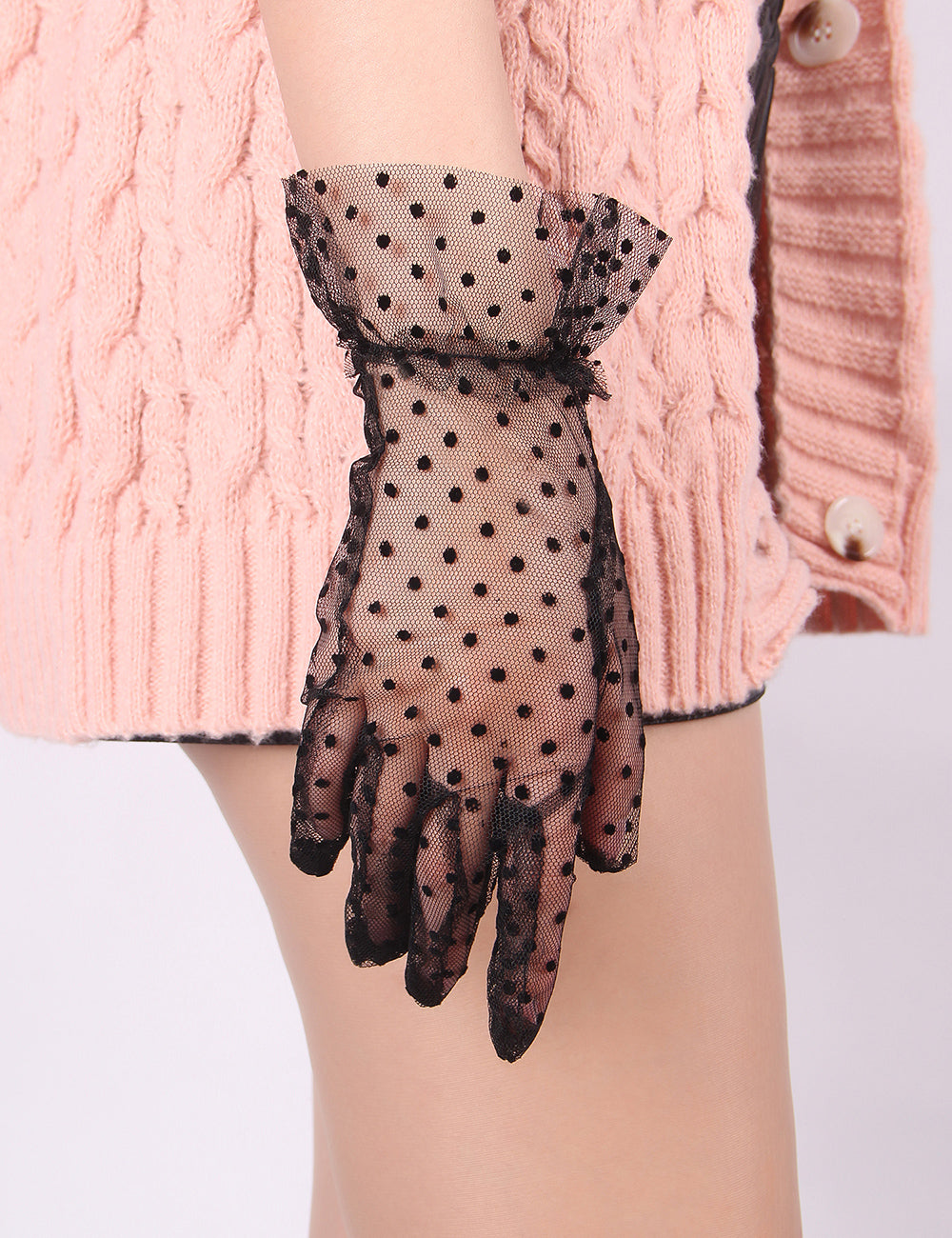 Black Sexy Mesh Gloves With Polka Dots