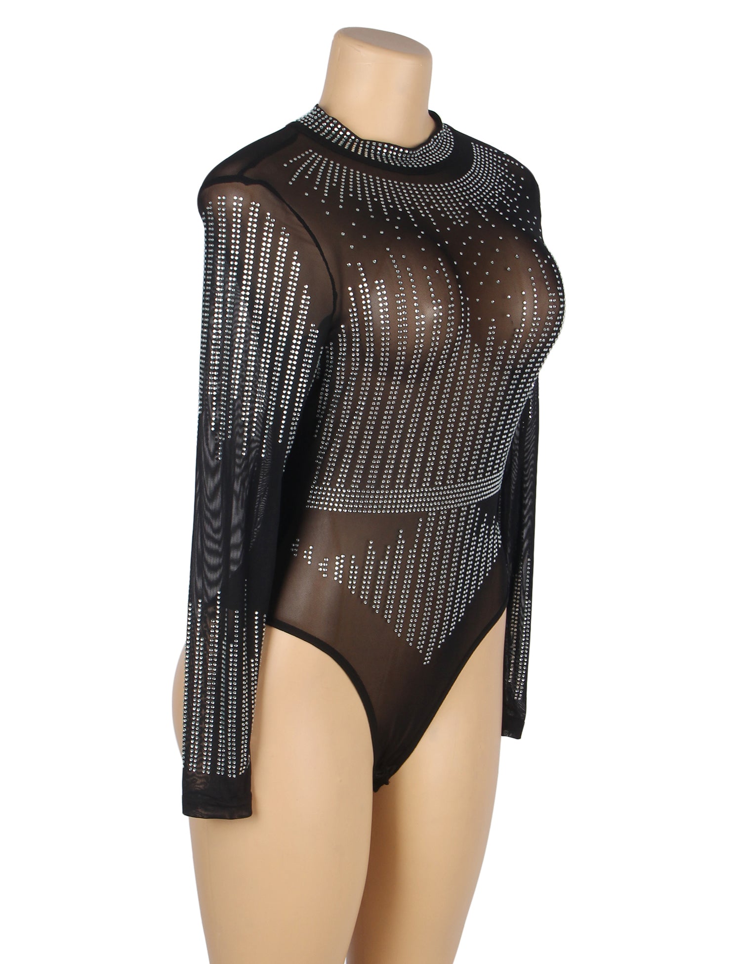 Black Long-Sleeved Rhinestone Mesh See-Through Bodysuit