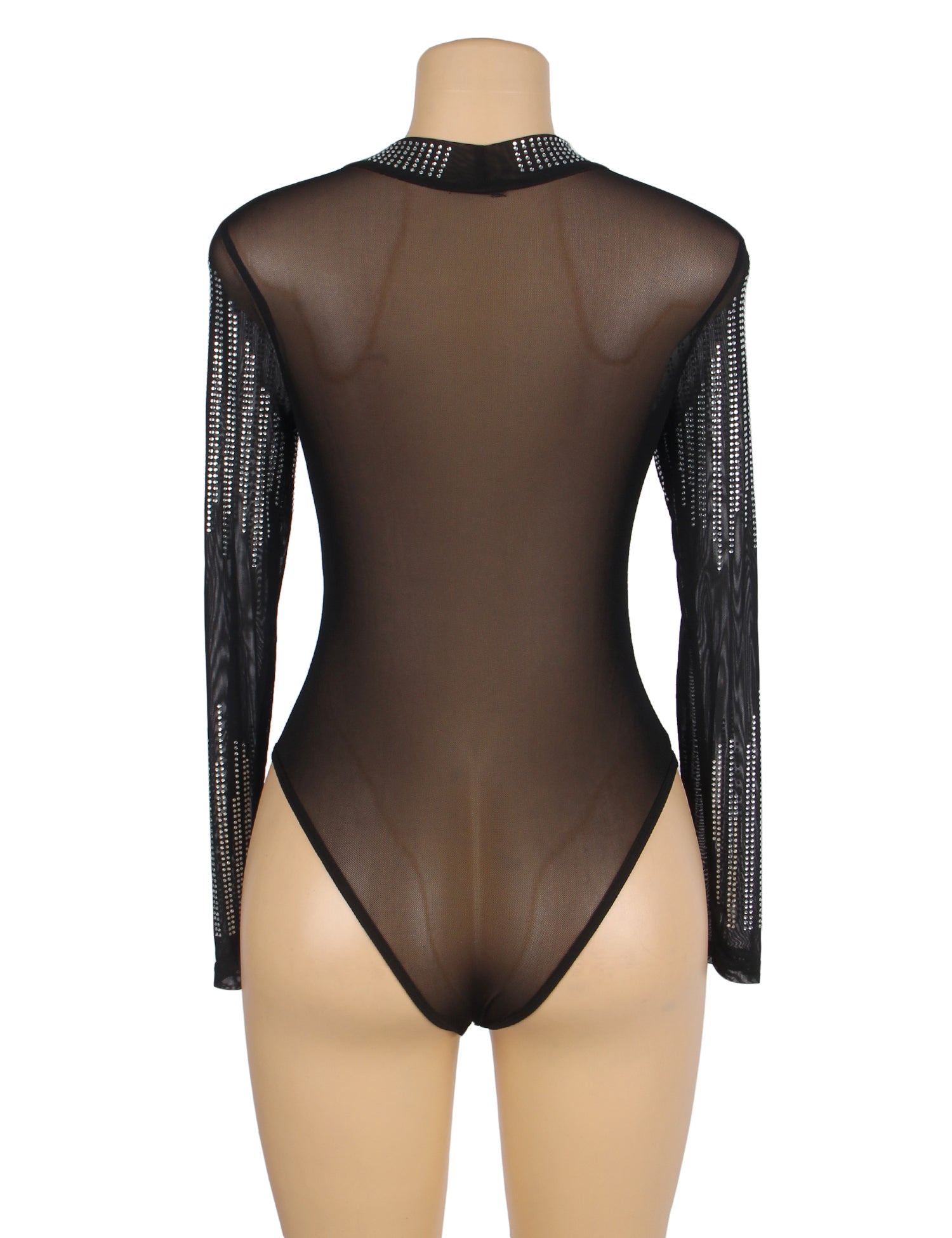 Black Long-Sleeved Rhinestone Mesh See-Through Bodysuit