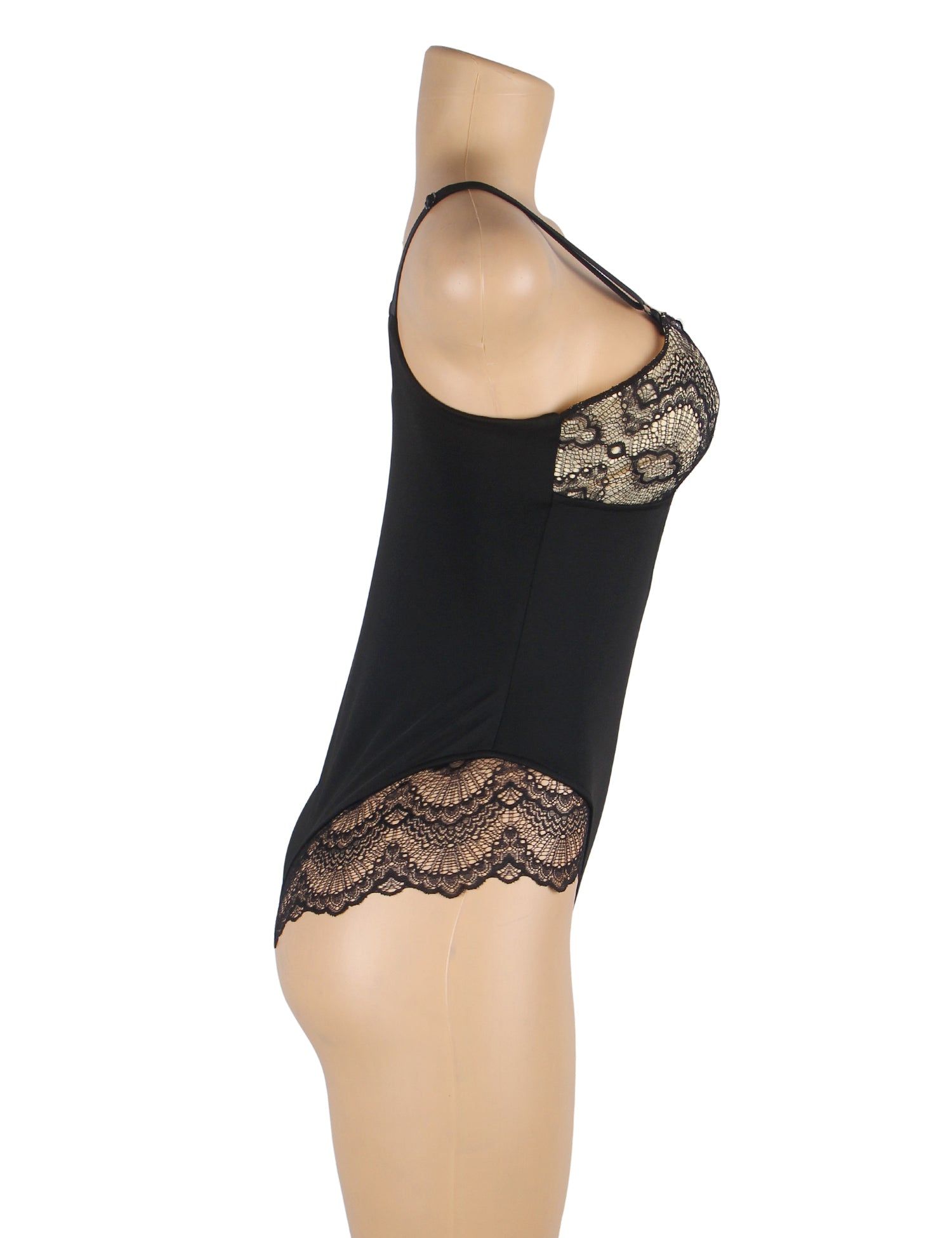 Black Lace Patchwork Suspender Bodysuit