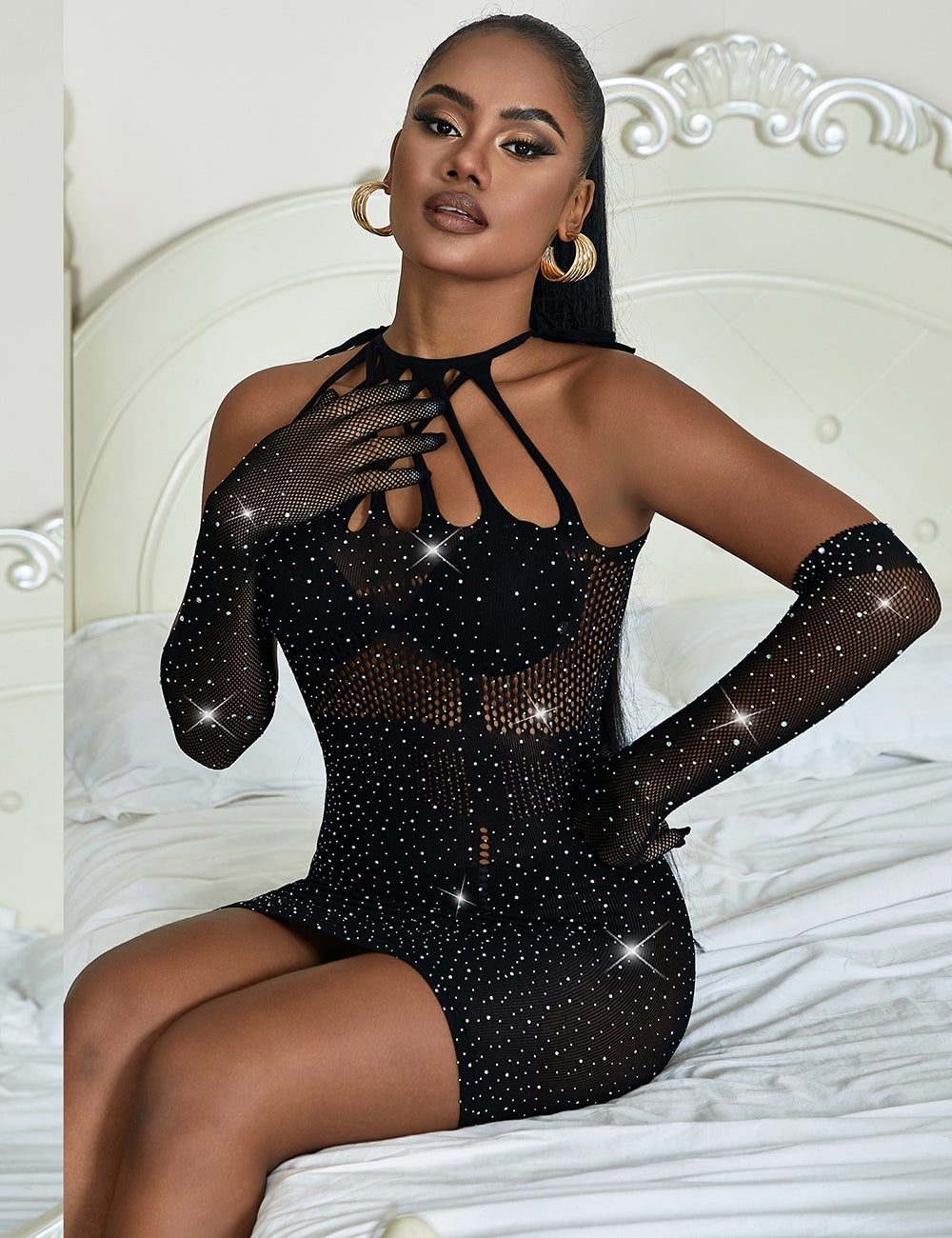 Black Sexy Sparkle Glitter Rhinestone Fishnet Hollow Bodystocking